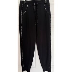 Weekends by Chicos Black Leopard Trim Joggers Size 0 Drawstring Athletic Pants